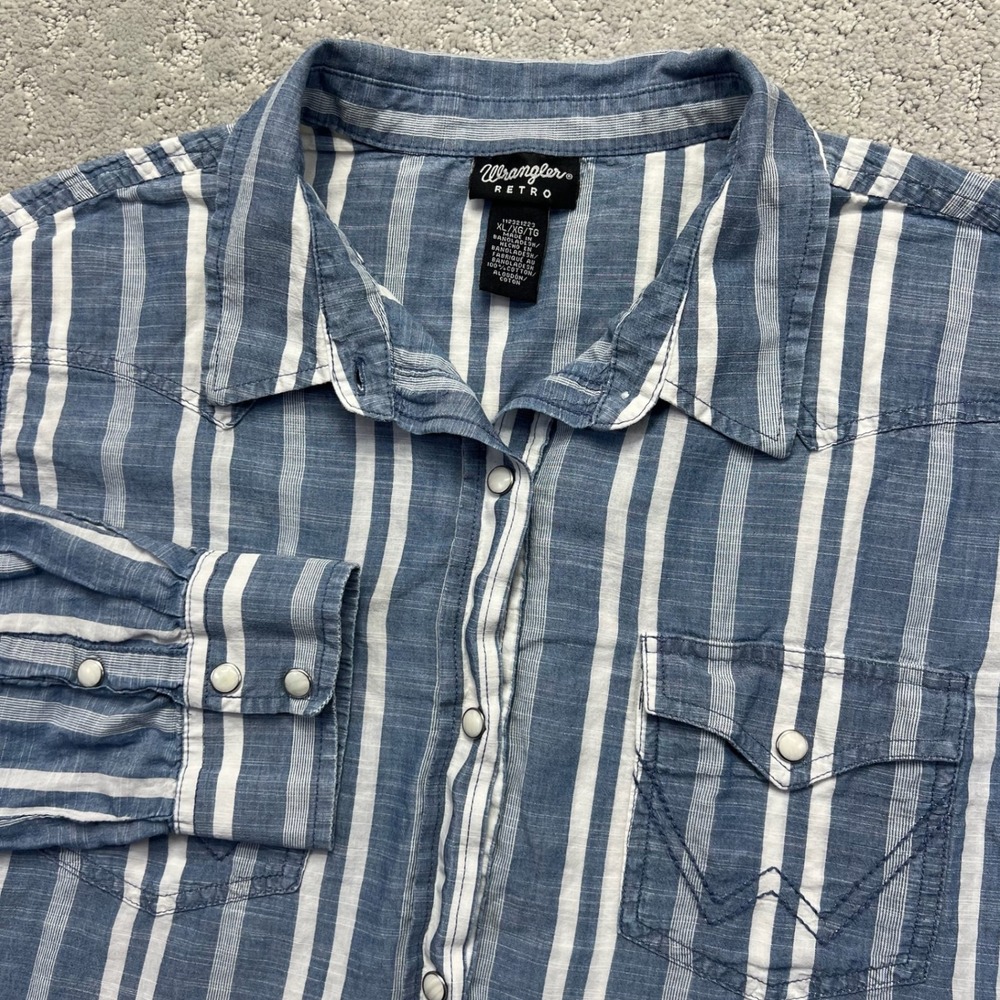 Wrangler Retro Western Shirt Mens XL Blue White Striped Long Sleeve Pearl Snap
